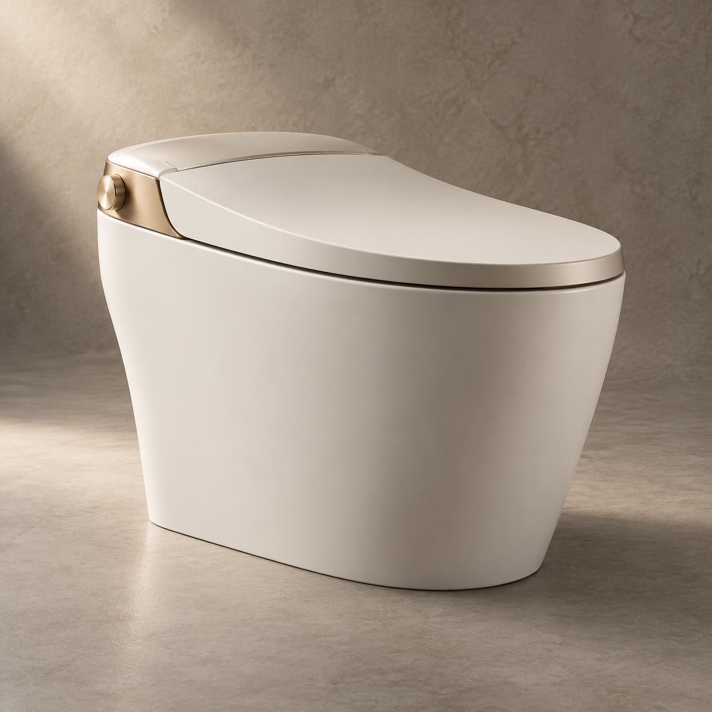 Concept visualization of a minimalist intelligent bidet in ivory ceramic with champagne trim