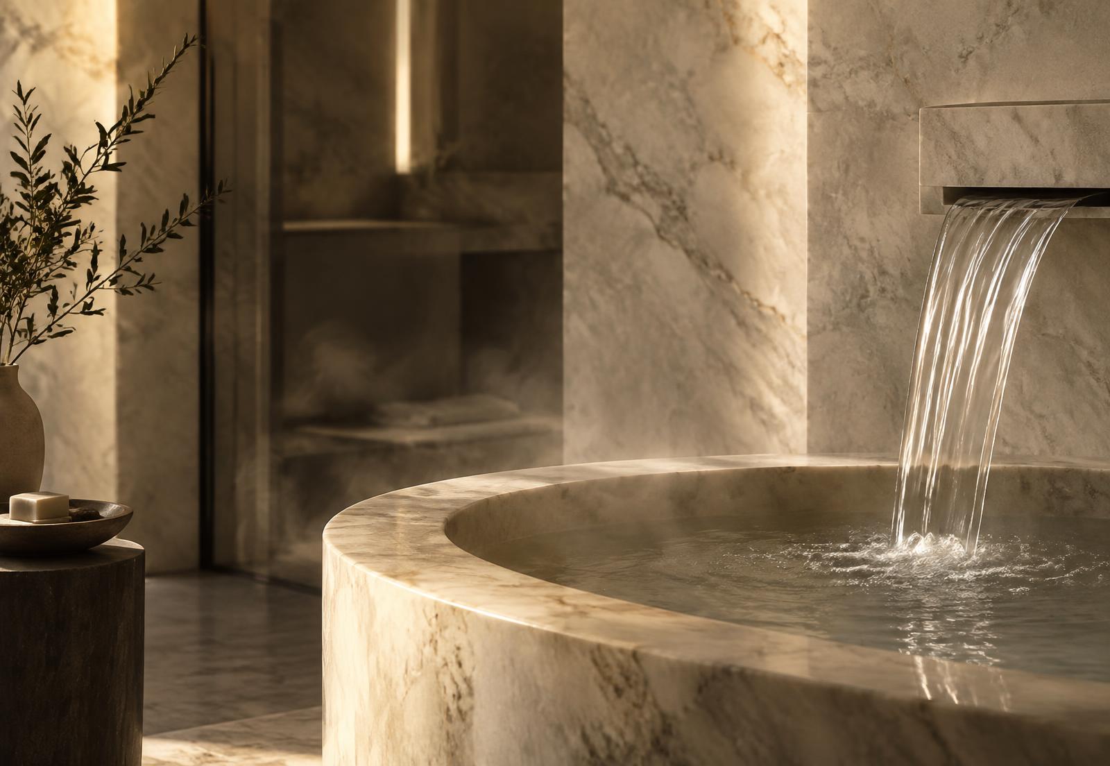 Water falling gently into a carved stone basin in a warmly lit bathroom